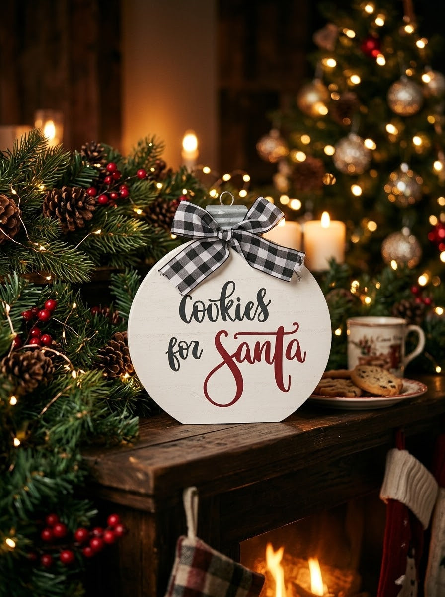 Cookies for Santa round wood sign styled on a cozy fireplace mantel surrounded by pine garland and Christmas lights