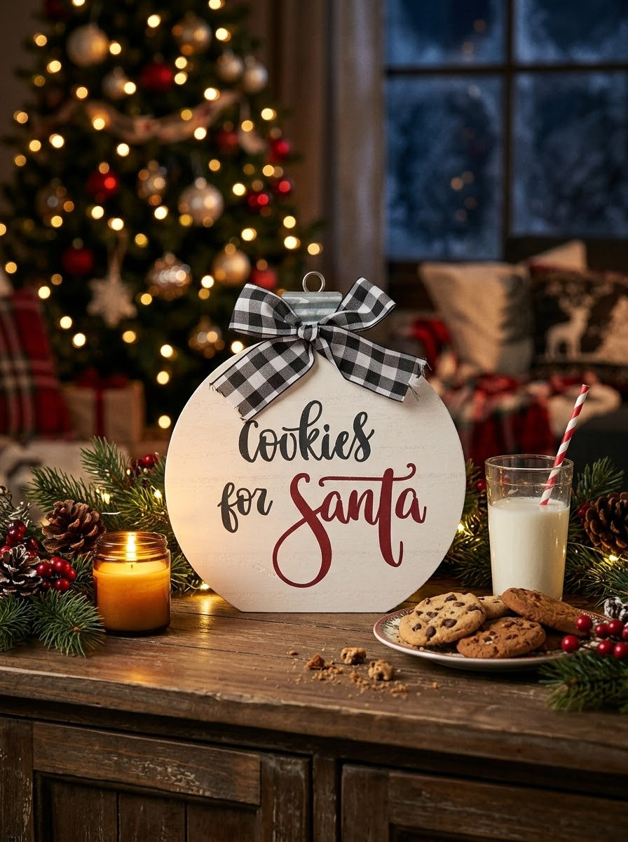 Rustic wooden Cookies for Santa ornament sign with buffalo plaid bow on a holiday table with cookies and milk