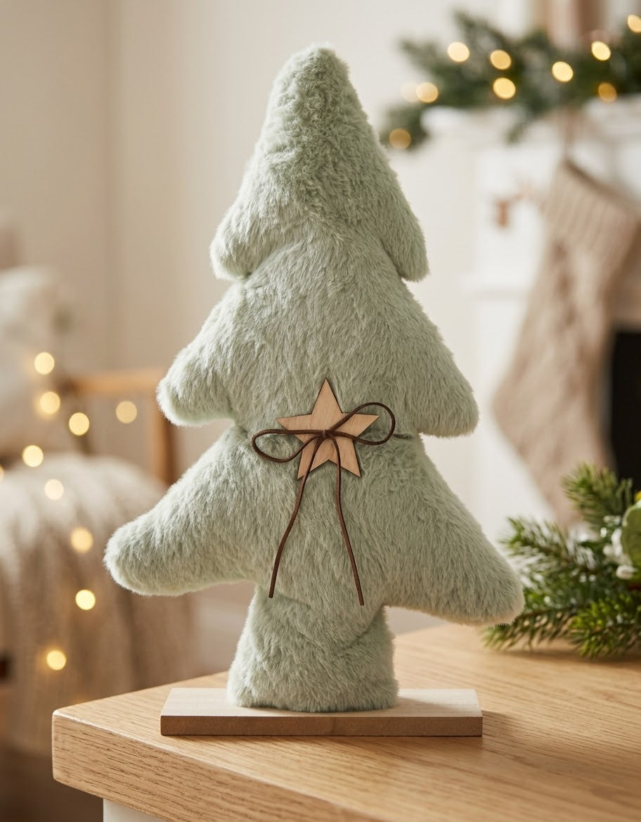Mint sage green fluffy fabric Christmas tree decoration with rustic wooden star and ribbon on a natural wood stand.