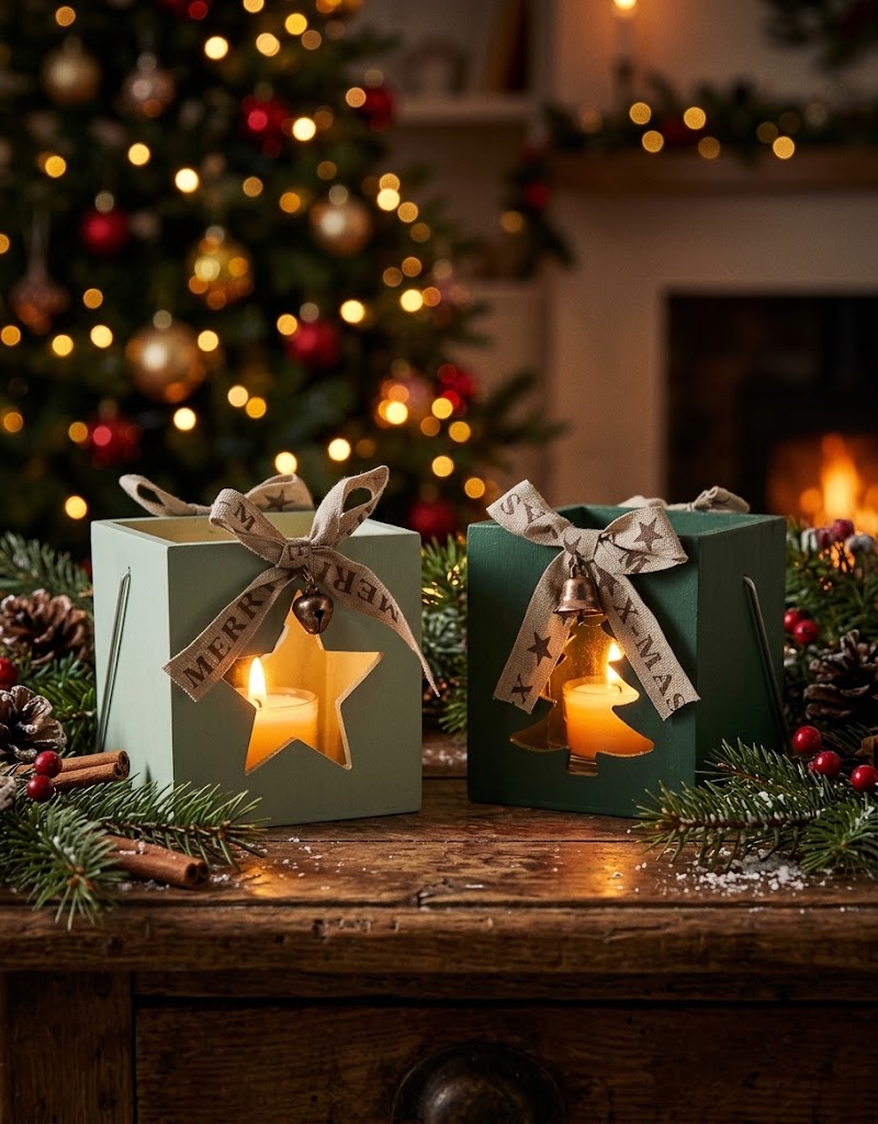 Festive wooden Christmas tealight lanterns glowing on a wooden table with illuminated tree lights, holiday home decor in Lebanon.