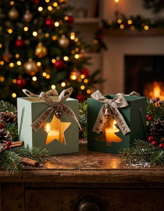 Festive wooden Christmas tealight lanterns glowing on a wooden table with illuminated tree lights, holiday home decor in Lebanon.