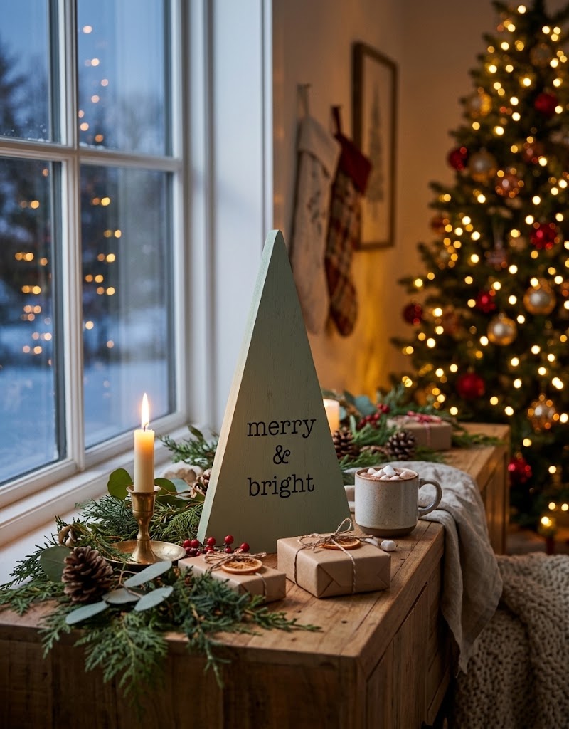 Rustic sage green wooden Christmas tree accent on a decorated windowsill with candles, wrapped gifts, and holiday greenery in Lebanon.