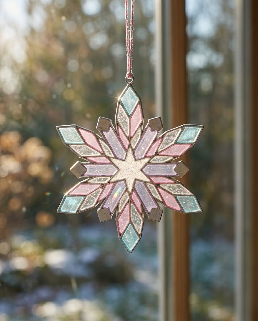 Finished DIY melted bead snowflake suncatcher hanging in a sunlit window with pastel and glitter segments in a metal frame, available at Gadgets Lebanon with nationwide delivery.