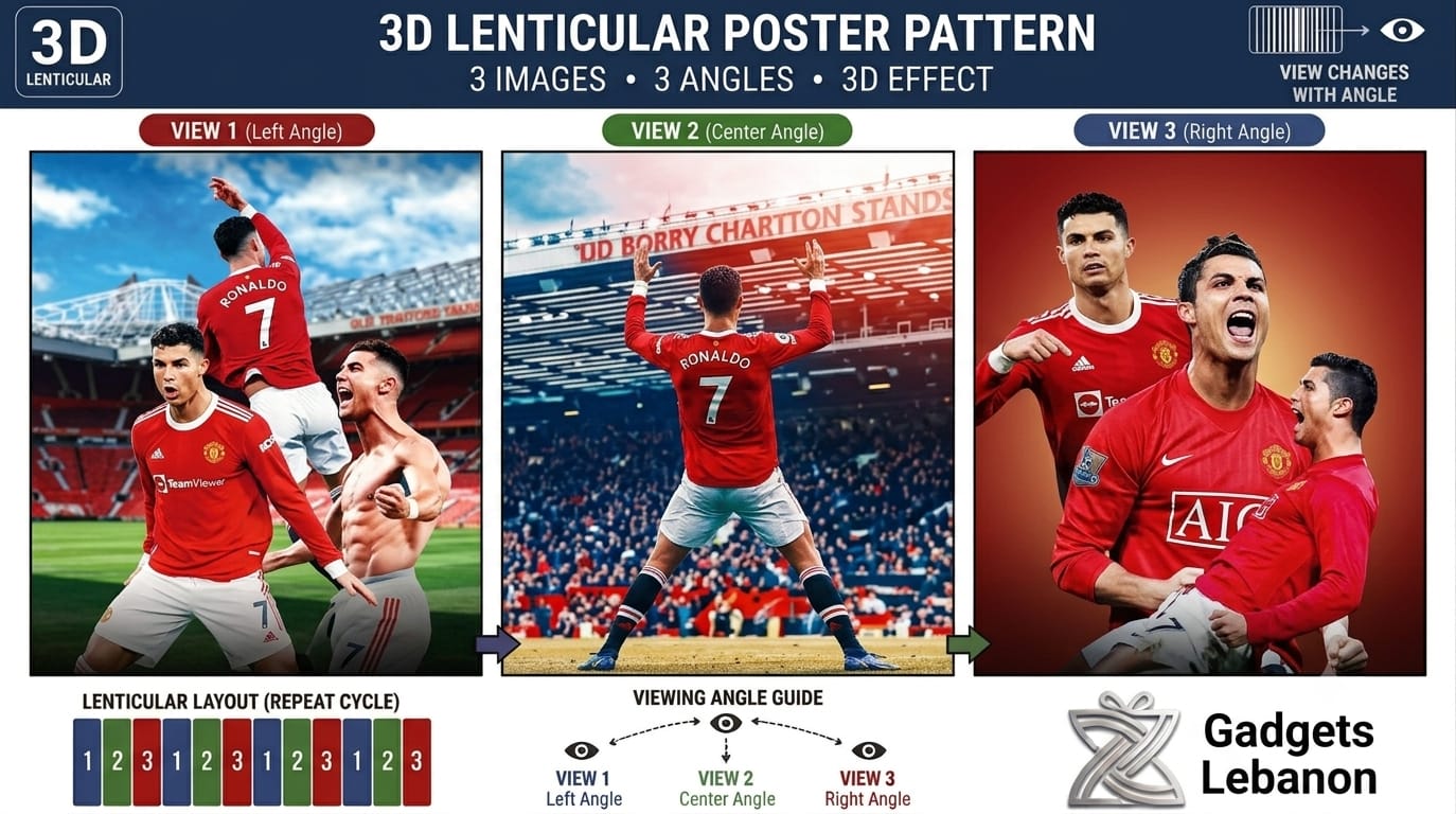 3D lenticular poster of Cristiano Ronaldo in Manchester United jersey featuring three different changing viewing angles and effects.