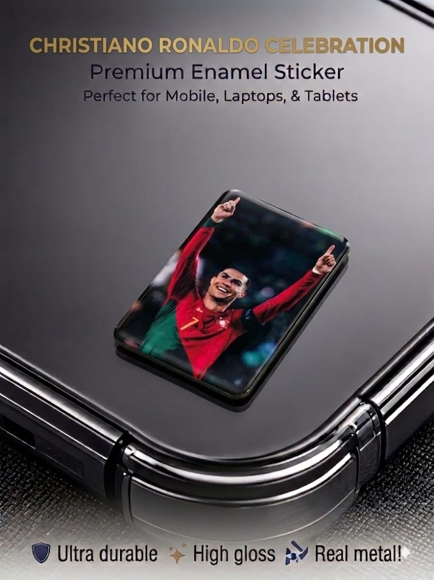 Cristiano Ronaldo CR7 Portugal celebration high-gloss metal enamel sticker applied to a black smartphone case