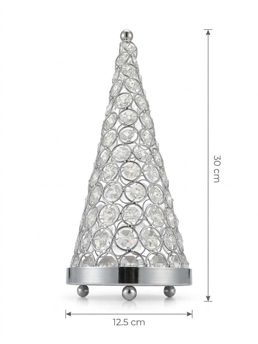 Dimension diagram of silver crystal tree candle holder showing 30 cm height and 12.5 cm base width on round ball feet.
