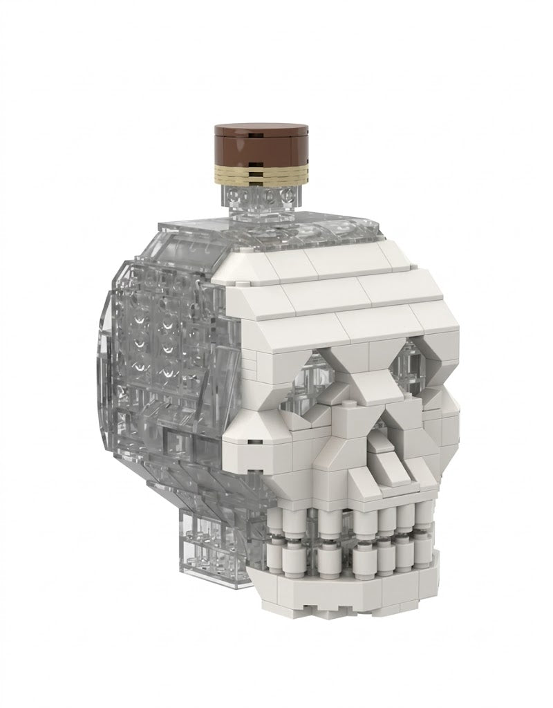 3D crystal skull decanter bottle building block set featuring a white front facade, transparent side bricks, and brown stopper cap on a white background.