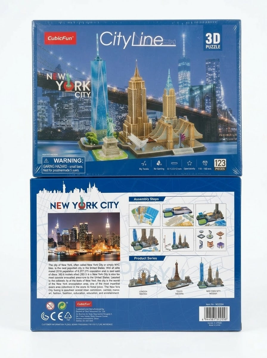 CubicFun CityLine New York City 3D puzzle retail packaging box showing front and back view with 123 pieces and assembly guide in Lebanon