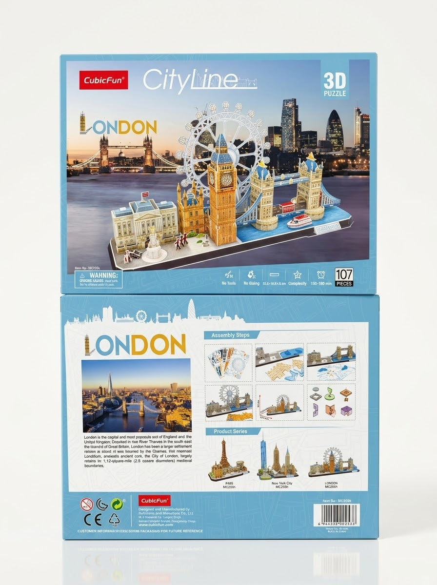CubicFun CityLine London 107-piece 3D architecture puzzle retail packaging box front and back view, available in Lebanon at Gadgets Lebanon.