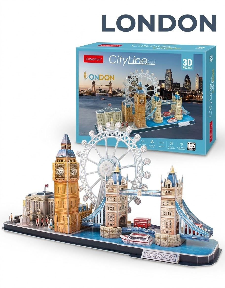Assembled CubicFun London CityLine 3D puzzle model featuring Big Ben, the London Eye, and Tower Bridge, buy online with delivery across Lebanon.