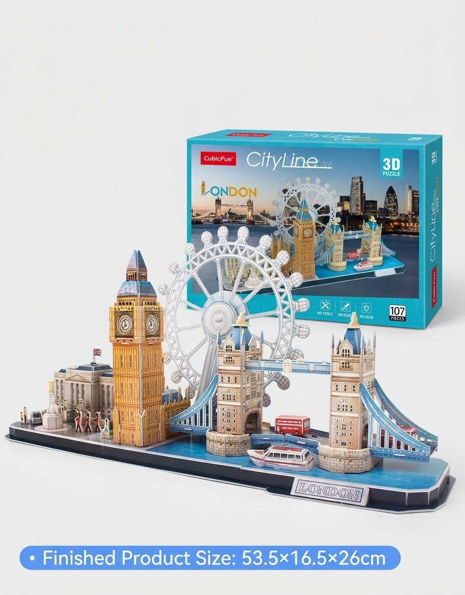 Finished CubicFun London CityLine 3D puzzle dimensions 53.5 x 16.5 x 26 cm with packaging box, fast home delivery all over Lebanon.