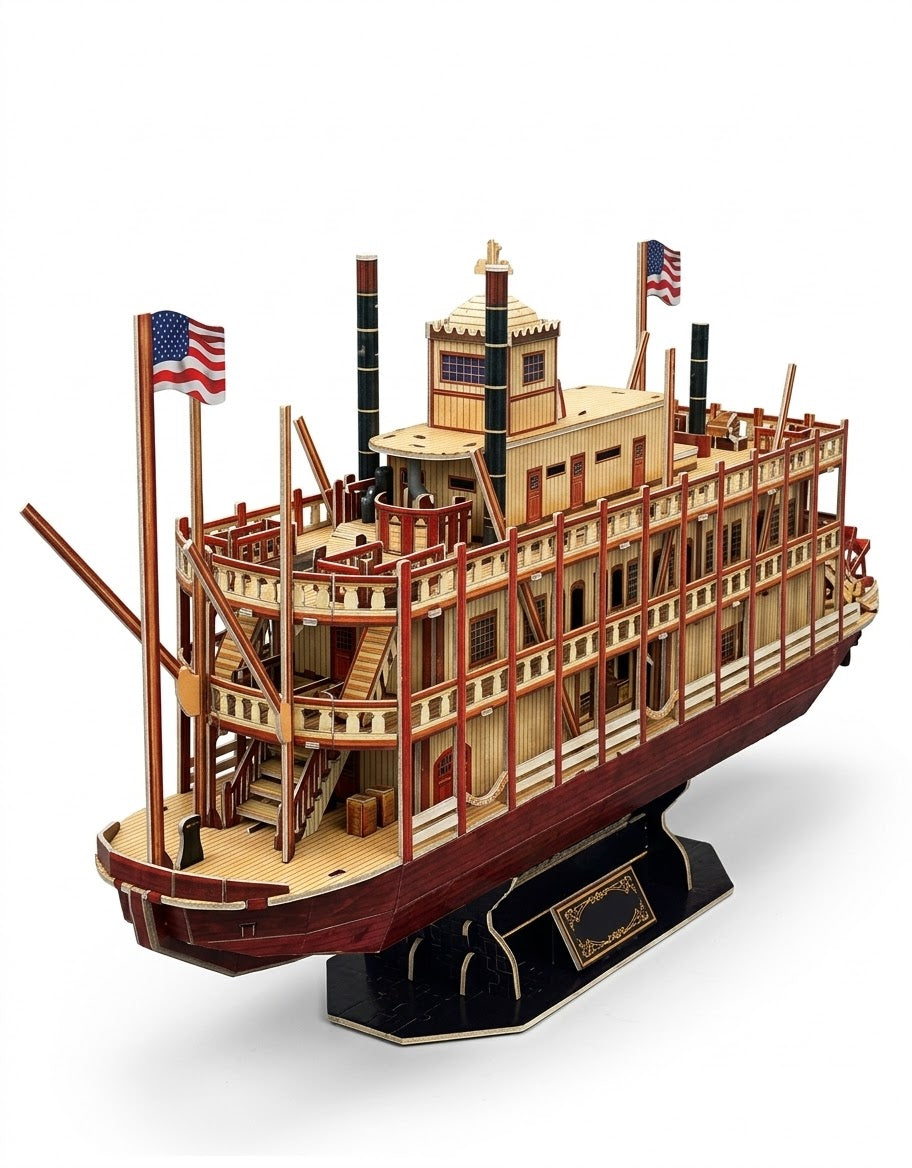 Fully assembled CubicFun 1:100 scale Mississippi Steamboat paddle wheeler 3D puzzle on custom display stand, fast delivery in Lebanon.