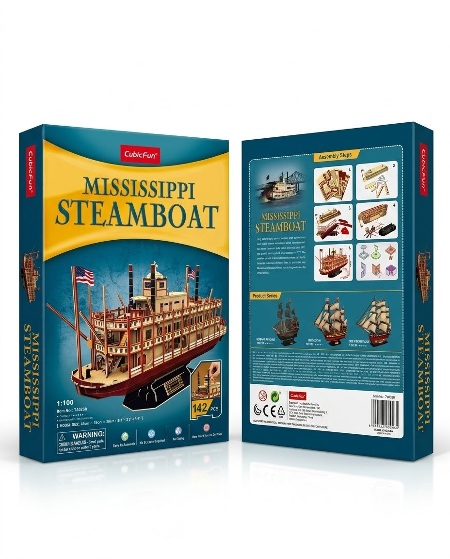 CubicFun 1:100 scale Mississippi Steamboat 142-piece 3D puzzle retail box with assembly guide, buy online across Lebanon.