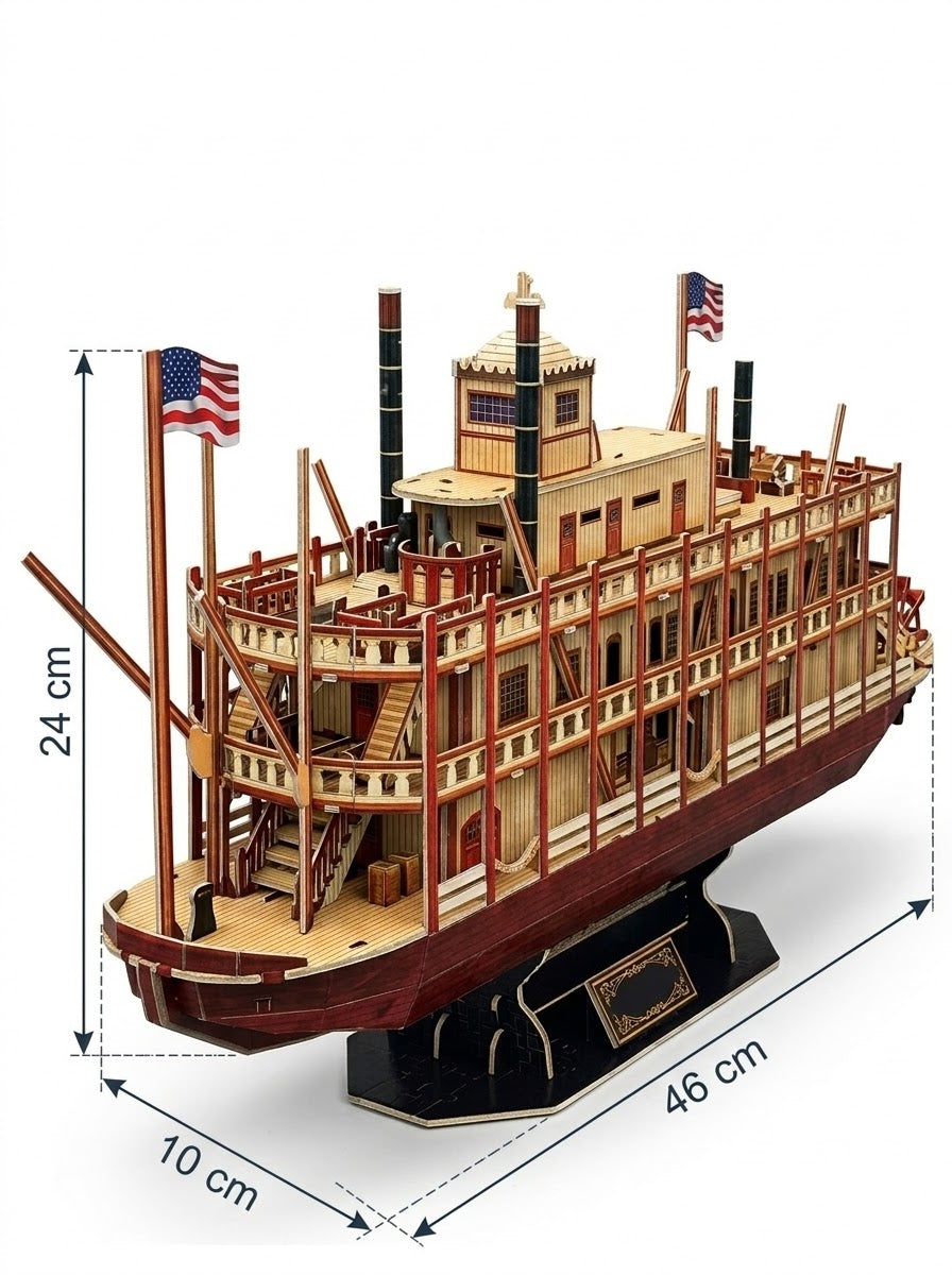 CubicFun Mississippi Steamboat 3D puzzle assembled dimensions measuring 46 cm long by 24 cm high, available in Lebanon.