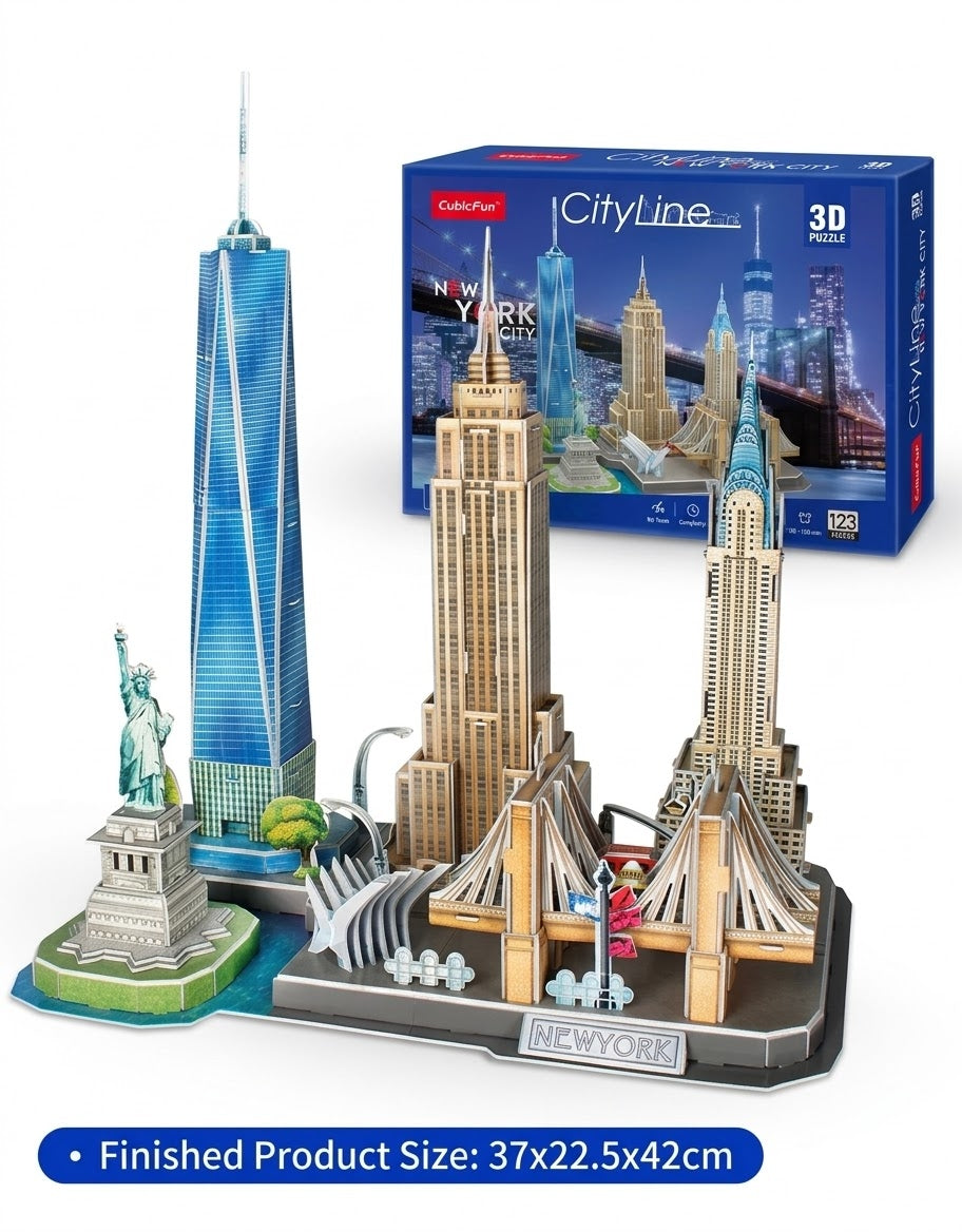Fully built CubicFun New York City 3D puzzle model display dimensions measuring 37 by 22.5 by 42 cm available in Lebanon