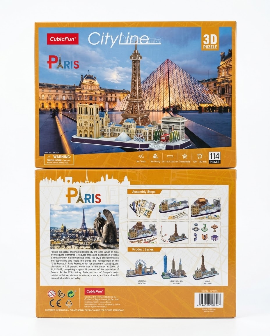 Official CubicFun Paris CityLine 3D puzzle retail packaging box front and back showing assembly steps, shipping across Lebanon.