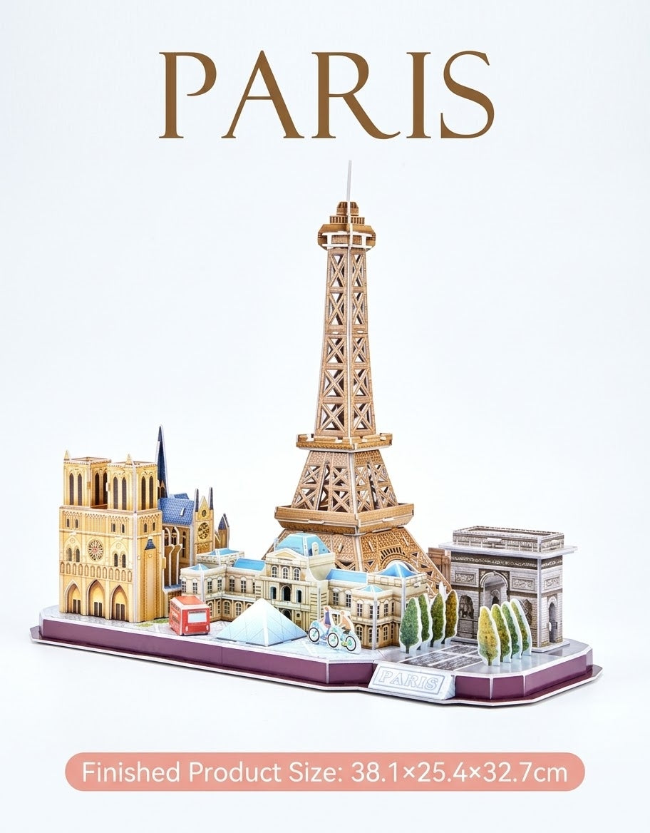 Assembled CubicFun Paris Cityline 3D architecture puzzle display measuring 38.1 x 25.4 x 32.7 cm, online in Lebanon.