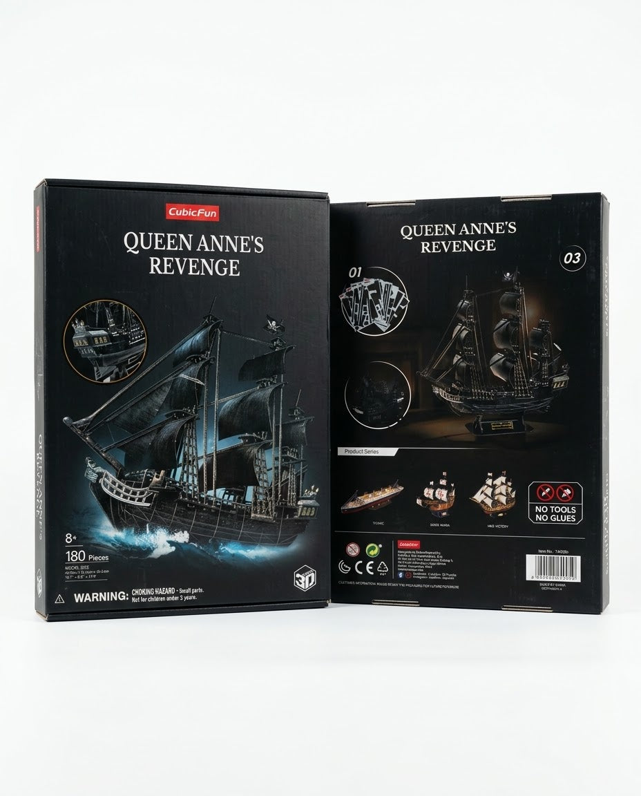 Official CubicFun Queen Anne's Revenge 180-piece 3D puzzle retail box with build specifications, available for delivery across Lebanon.