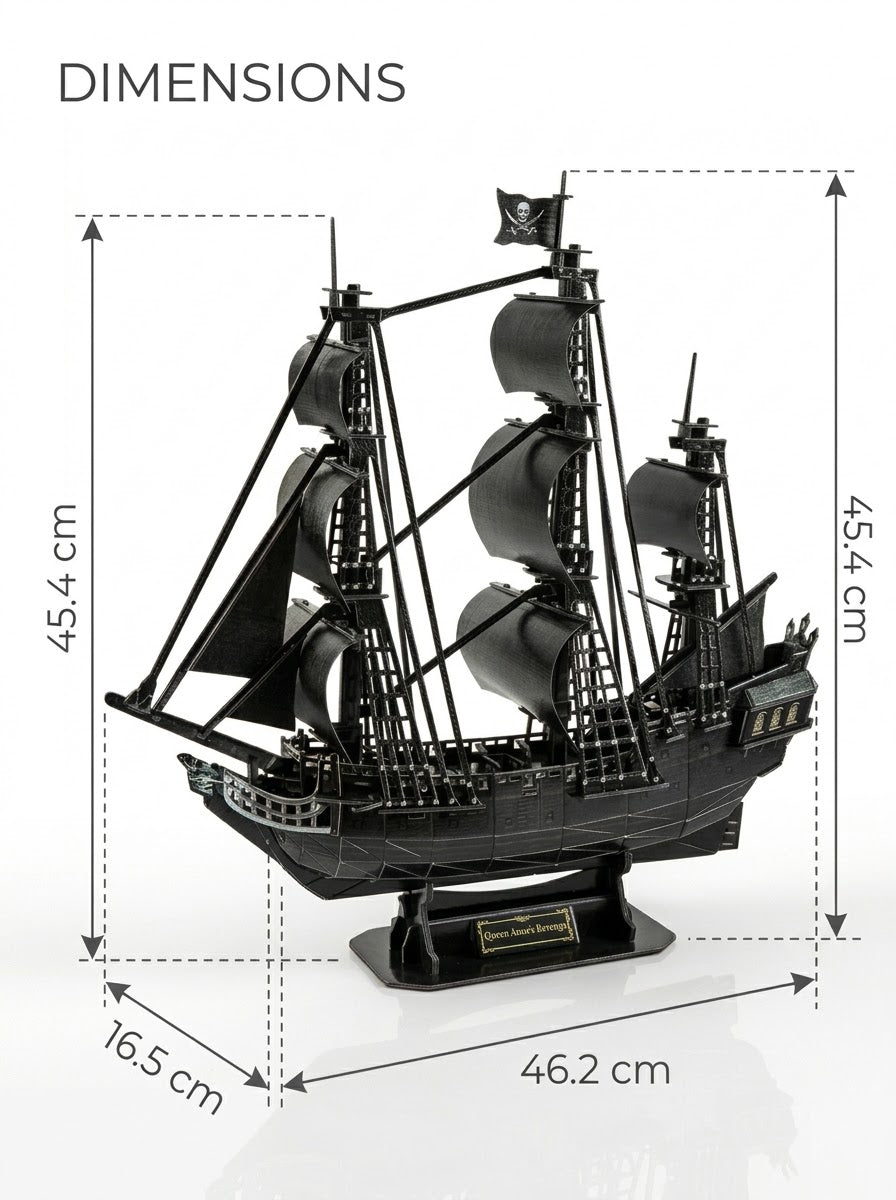 Size dimensions diagram for the Queen Anne's Revenge 3D puzzle showing 46.2 cm length and 45.4 cm height at Gadgets Lebanon.