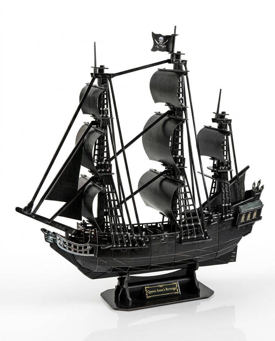 Fully assembled CubicFun Queen Anne's Revenge black pirate ship 3D puzzle on a display stand, available in Lebanon.