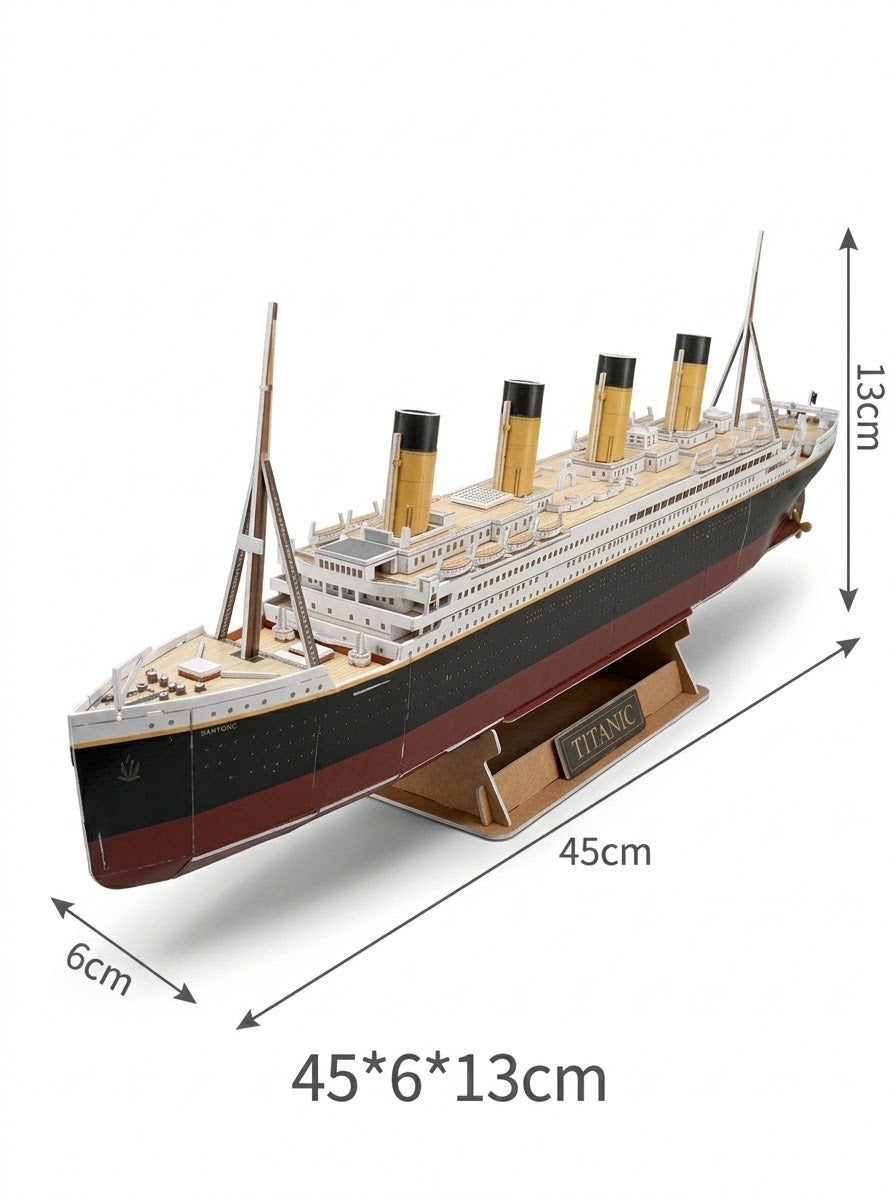 Size diagram of the assembled CubicFun Titanic 3D puzzle measuring 45 cm long, 6 cm wide, and 13 cm high, available at Gadgets Lebanon.