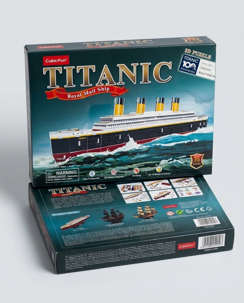 Front and back retail packaging for the CubicFun Titanic Royal Mail Ship 35-piece 3D puzzle kit, available across Lebanon.
