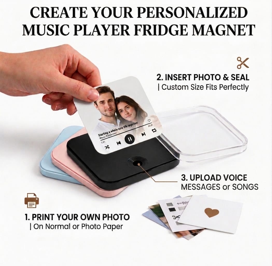 Custom music player fridge magnet featuring a DIY photo insert with uploaded song and voice message playback.