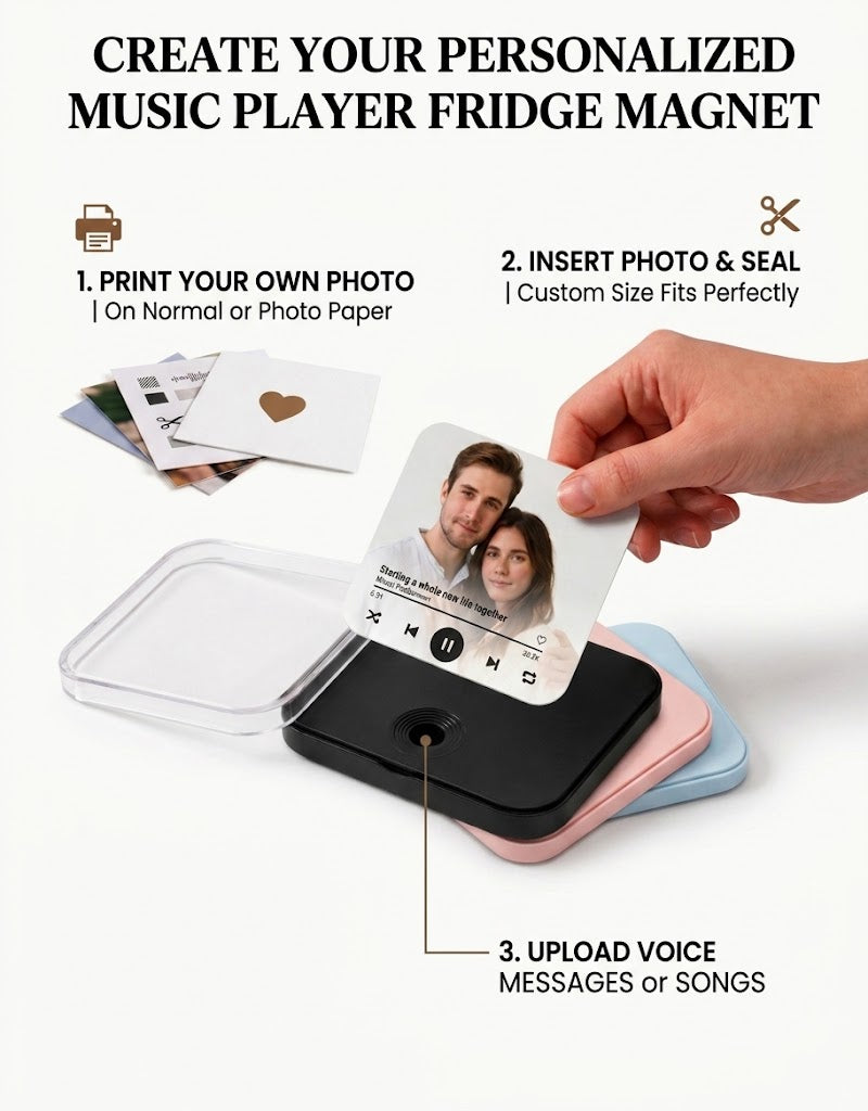 Custom music player fridge magnet featuring a DIY photo insert with uploaded song and voice message playback.