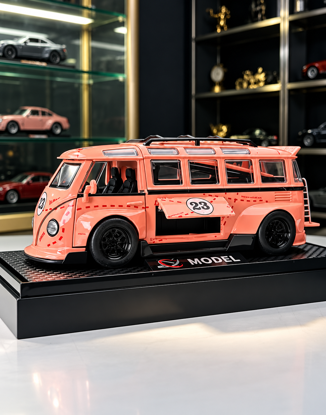 Lowered widebody VW T1 bus scale model car featuring deep-dish black racing wheels, front splitter, and open side hatch on premium display pedestal.
