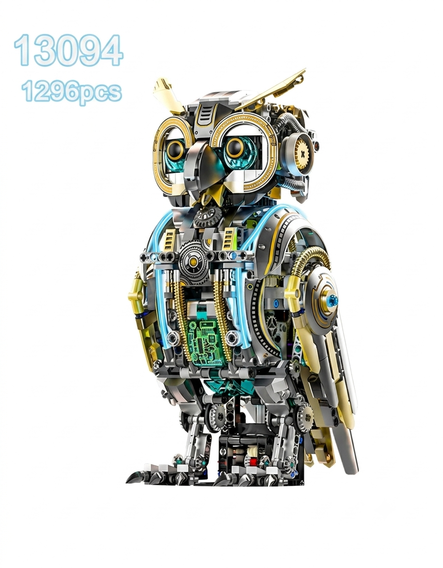 1296-piece mechanical cyber owl building block toy set model 13094 isolated on a white background.