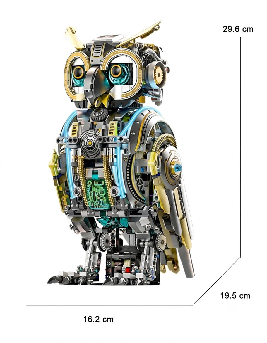 Size dimensions diagram for the mechanical cyber owl model measuring 29.6 cm high, 16.2 cm wide, and 19.5 cm deep.