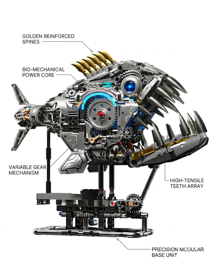 Detailed side-view diagram of the mechanical piranha kit highlighting the variable gear mechanism, power core, teeth array, and base unit