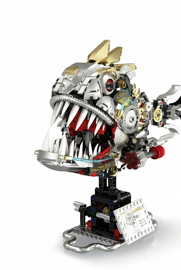 Cyberpunk mechanical piranha fish building block model kit with metallic armor, sharp teeth, and display stand
