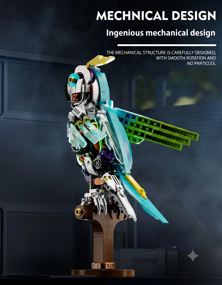 Detailed side angle of mechanical parrot showing articulated mechanical wings, exposed cogs, and talon perch.