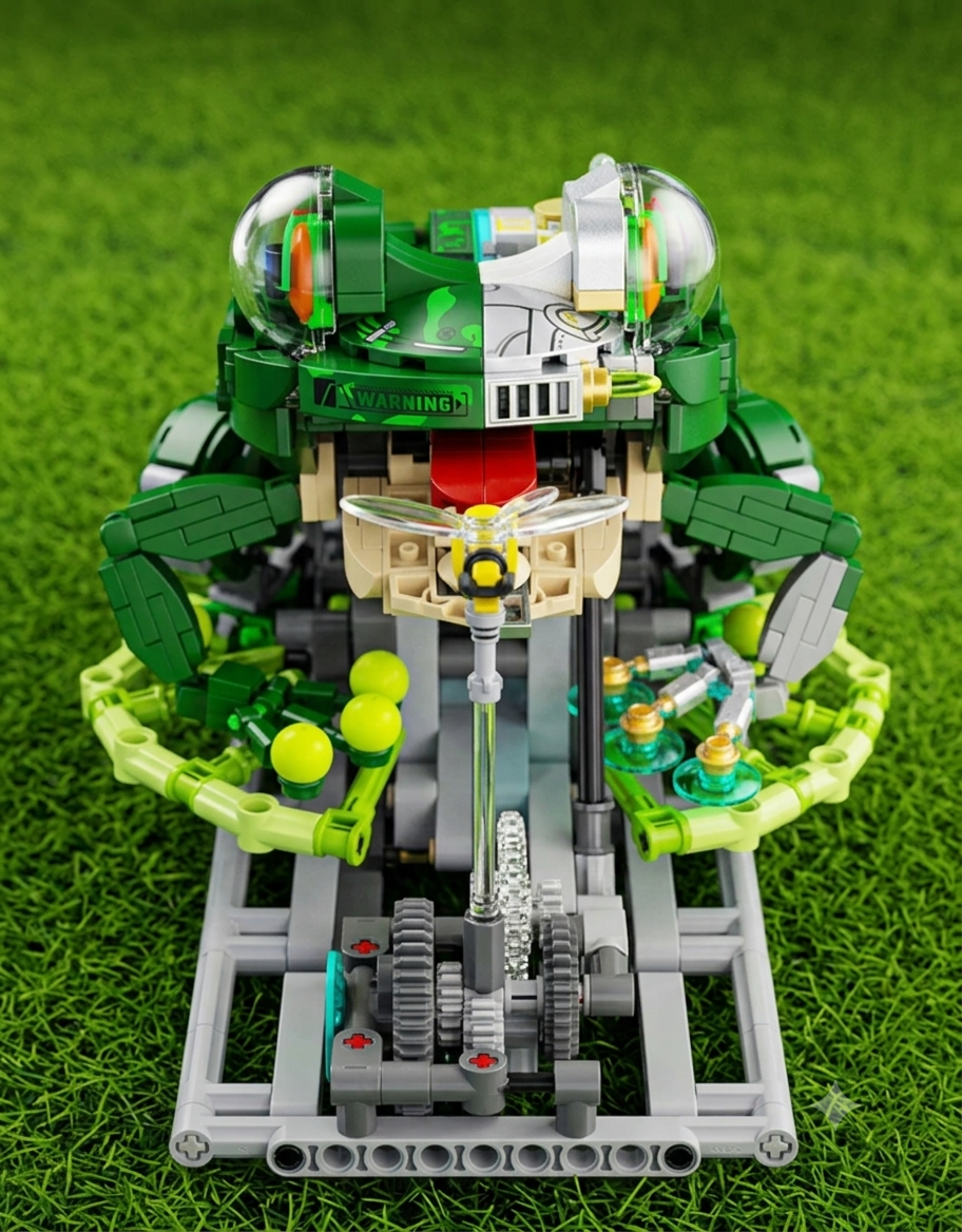 Front view of biomechanical frog model kit displaying split half-green and half-cybernetic mechanical design.