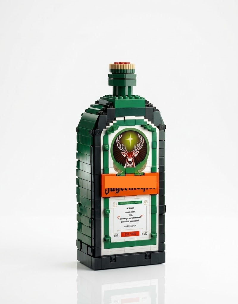 Dark green square vintage collector bottle building block model kit featuring an arched label with a stag emblem and orange banner on a white background.