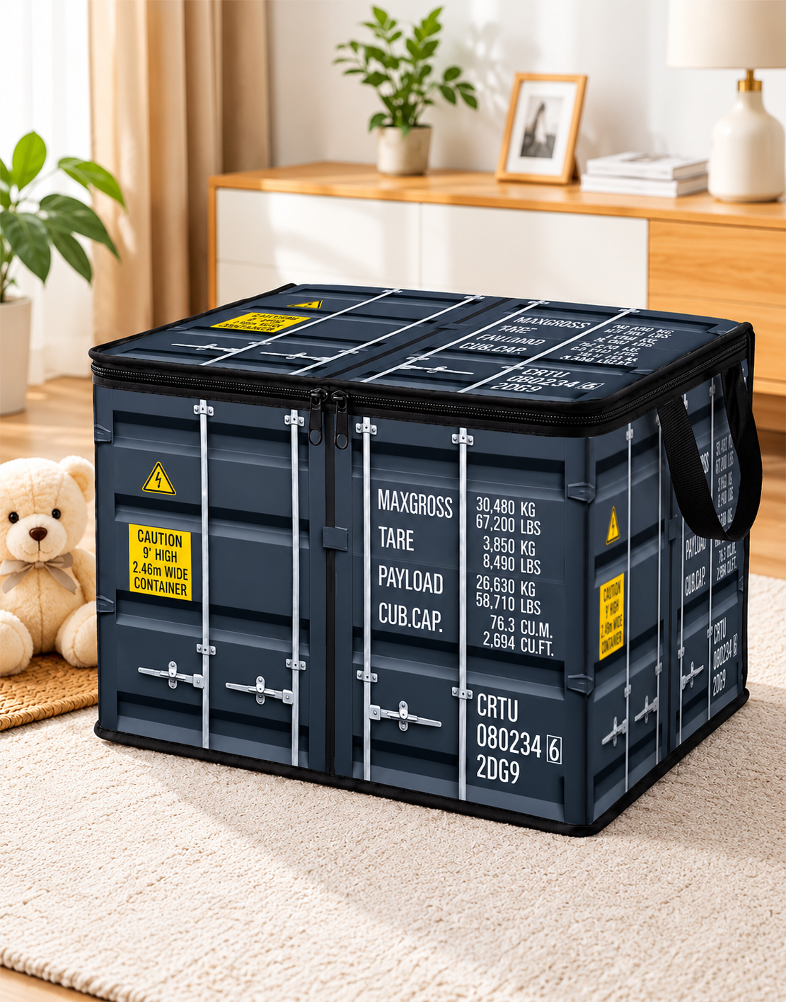 Decorative industrial cargo container storage box styled on a living room carpet next to home decor and a teddy bear for neat home organization.