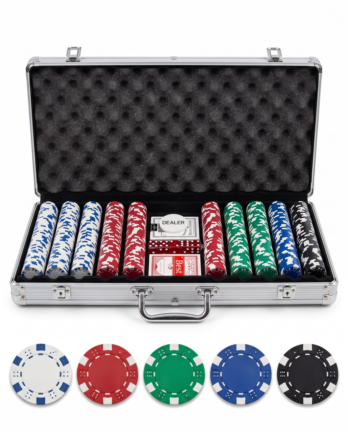 Deluxe casino poker chip set in sturdy aluminum briefcase with multi-color chips, playing cards, dice, and dealer buttons in Lebanon.