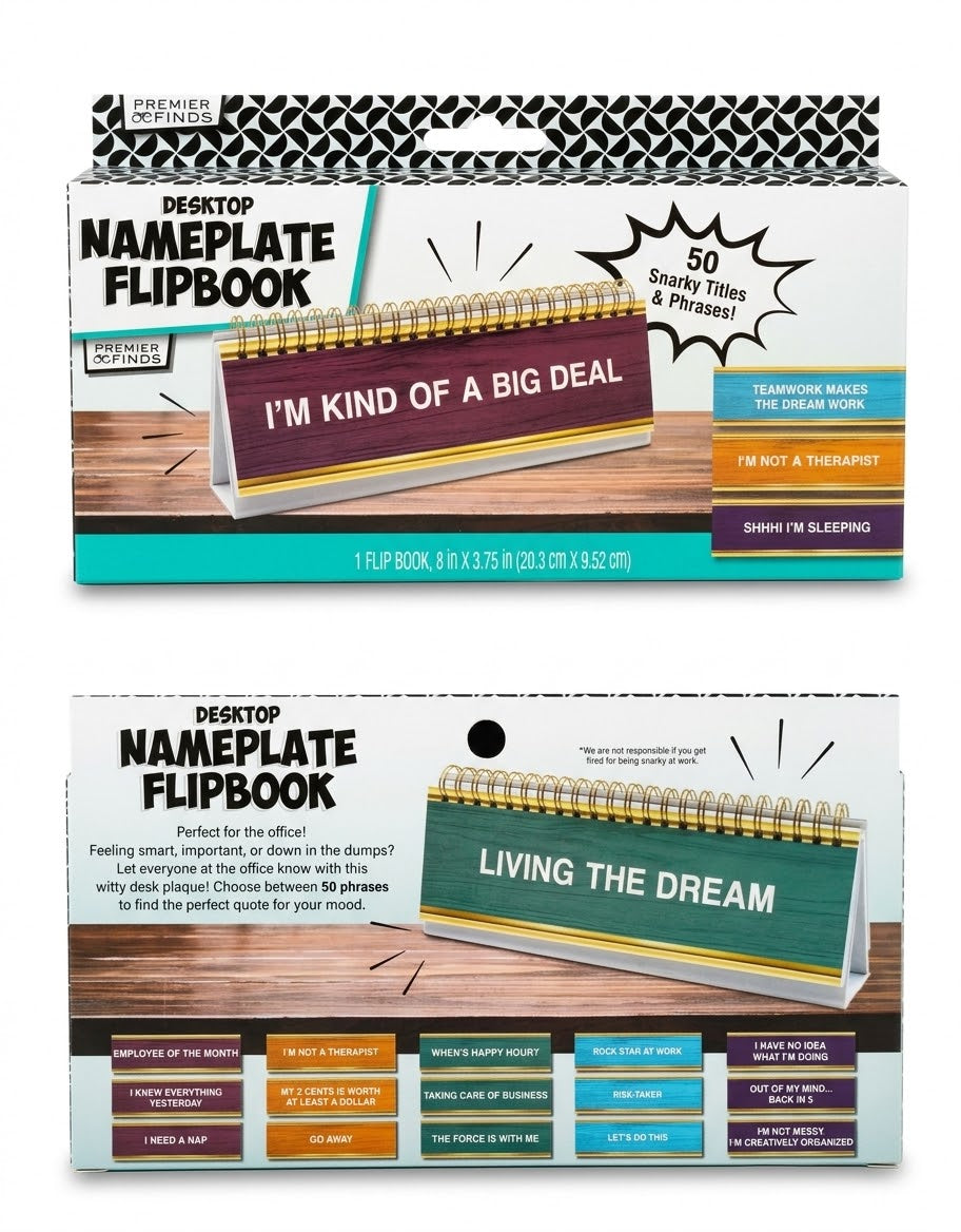 Retail box front and back for Desktop Nameplate Flipbook with 50 snarky office phrases[cite: 1], available for delivery across Lebanon.