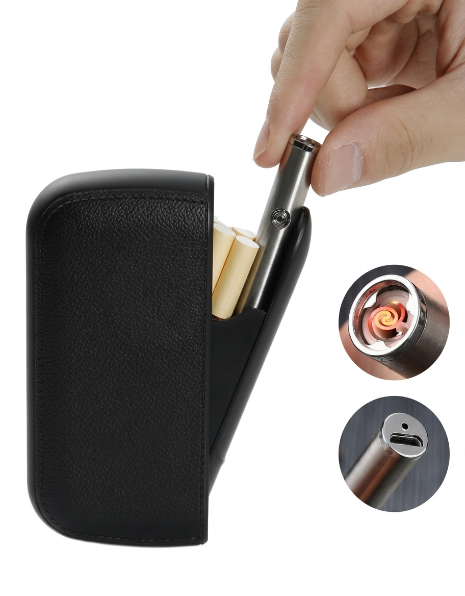 Close-up of detachable USB rechargeable flameless coil lighter sliding out from compact pocket cigarette holder.