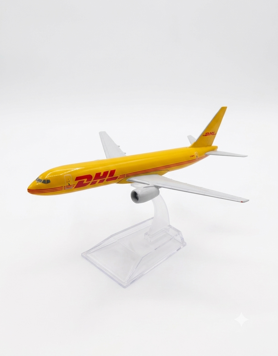 DHL cargo livery diecast metal airplane model 15cm mounted on a clear acrylic display stand, available in Lebanon.