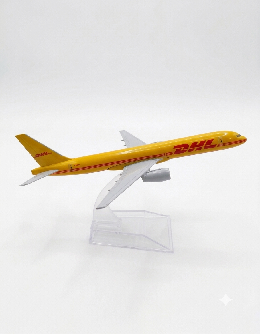 Side profile view of 15cm DHL yellow metal cargo plane collectible on transparent display stand.