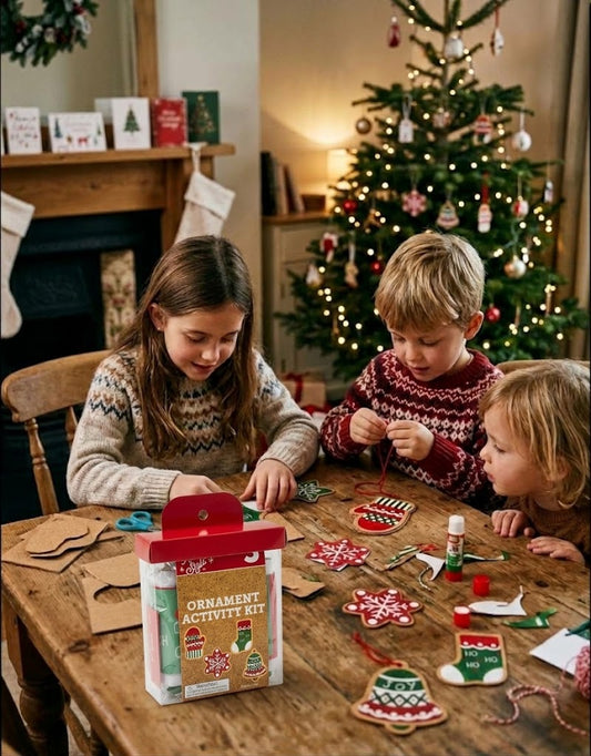Children making DIY holiday decorations around a table with the Christmas ornament activity kit in the foreground, available for delivery across Lebanon.