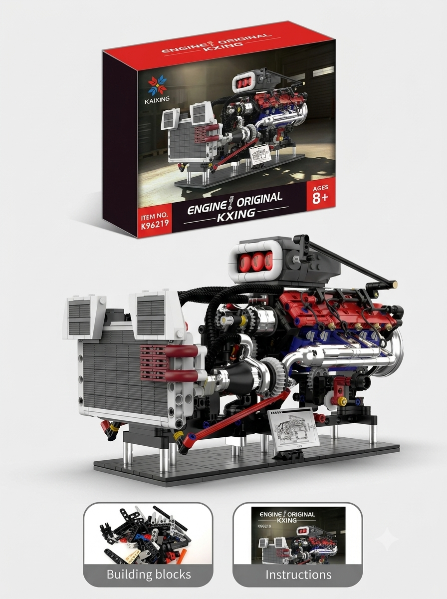 Kaixing supercharged engine model kit showing building blocks, instruction manual, and retail box