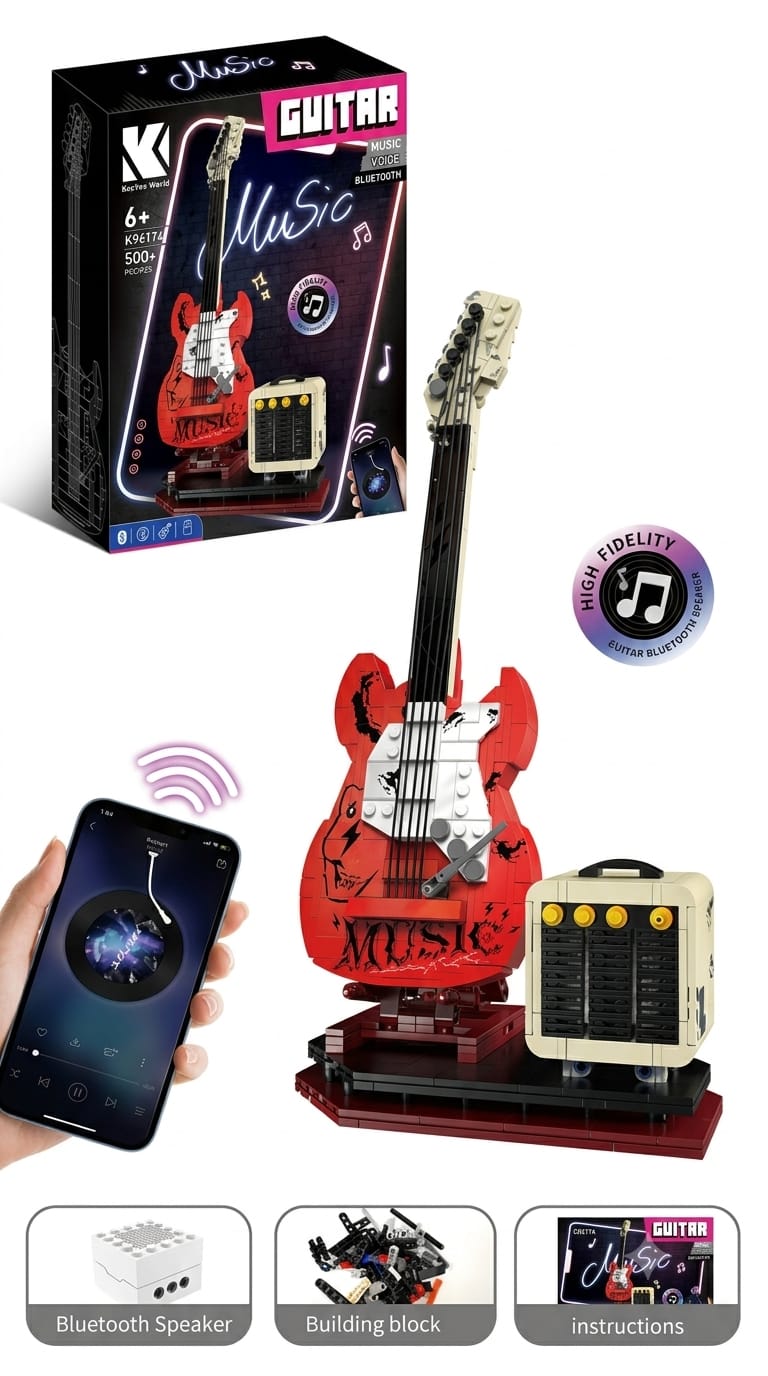 500-piece DIY rock guitar building kit featuring product packaging box, brick pieces, Bluetooth speaker, and manual.