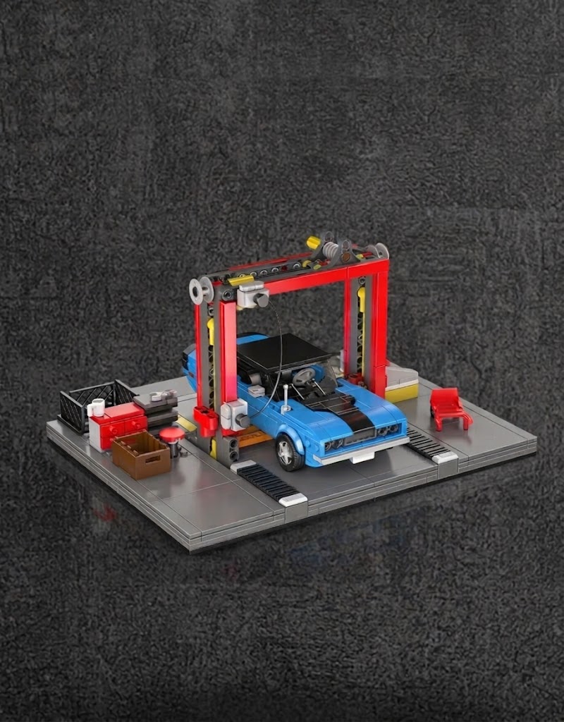Detailed side and rear view of the assembled DIY mechanical brick model showcasing the blue Challenger muscle car positioned under a red repair lift, perfect for automotive enthusiasts in Beirut.