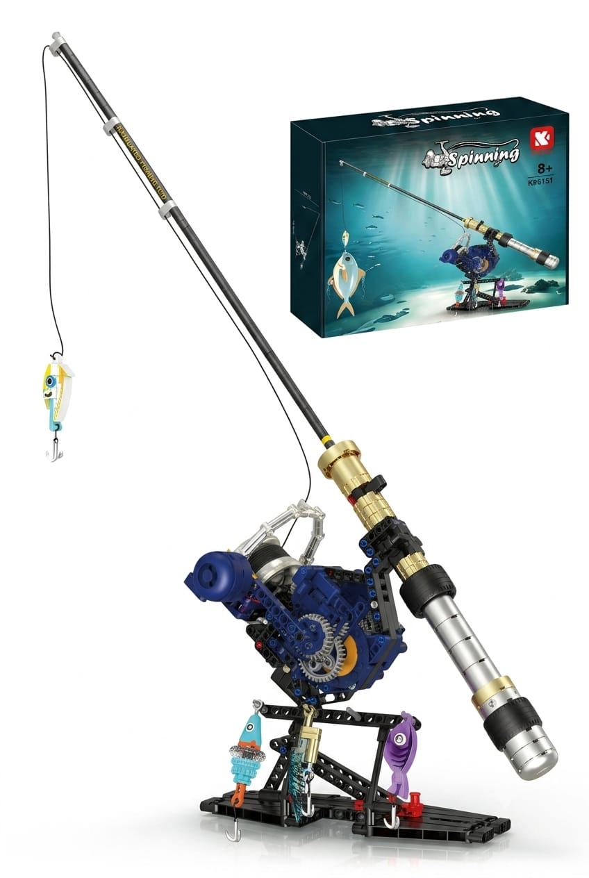 Completed DIY mechanical fishing rod with attached lures and display base set in front of the retail collectible box.