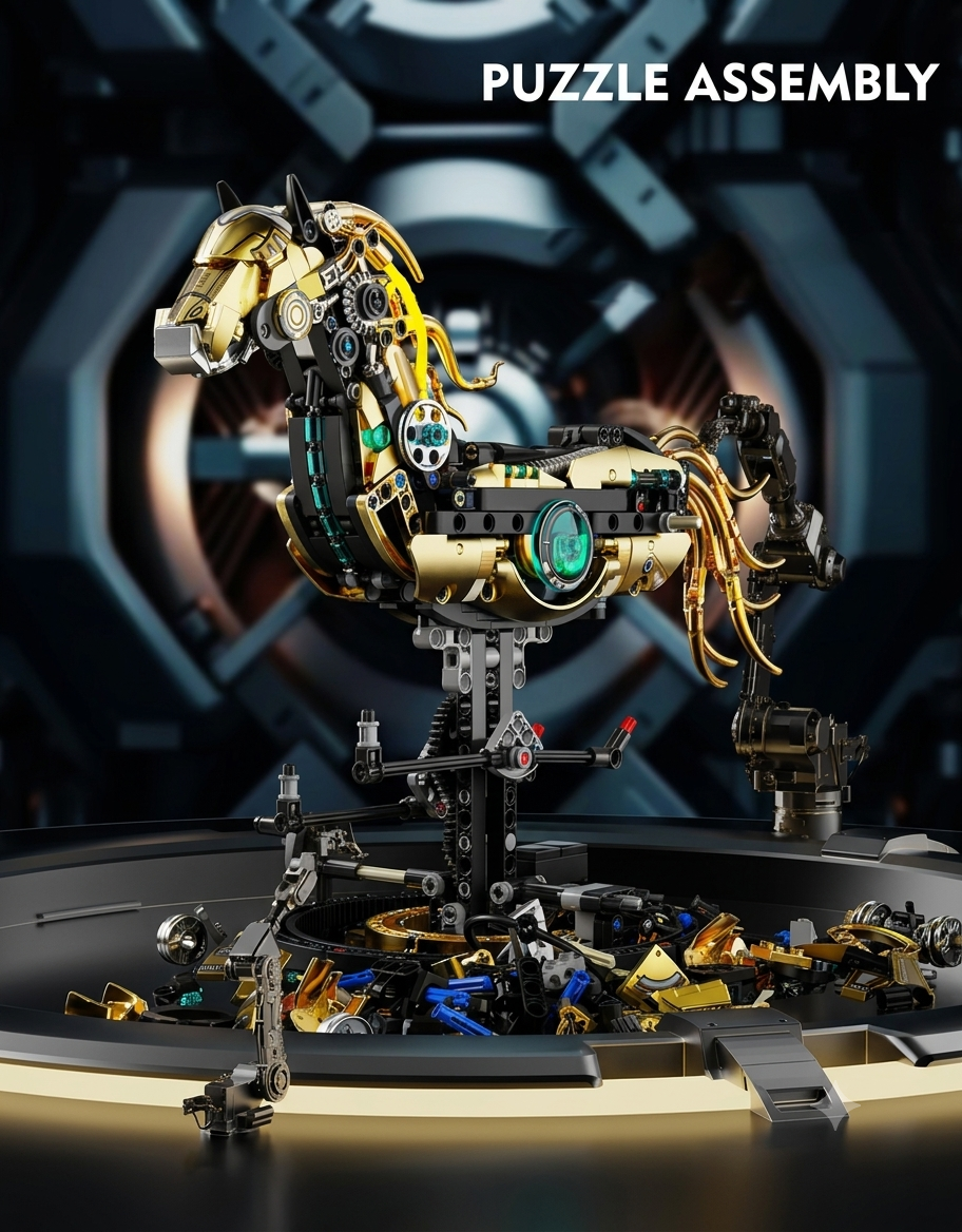 Step-by-step assembly process of the DIY mechanical horse 3D puzzle showing the Technic gear frame and building pieces.