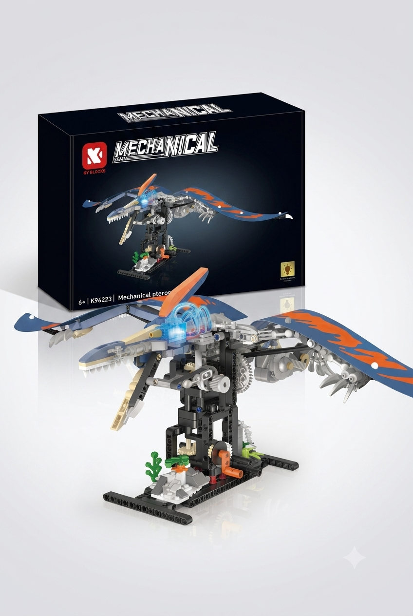Semi-mechanical pterosaur dinosaur building block set on hand-crank display stand with packaging box