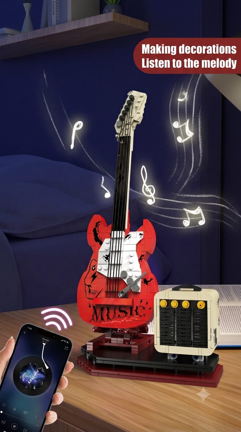 Red electric guitar building block model and working Bluetooth speaker styled as bedroom desk decoration.